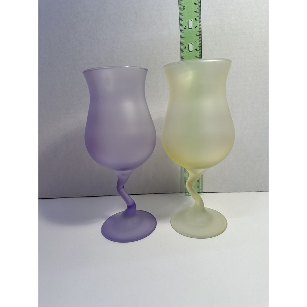 Vintage Libbey Watusi Satin Frosted Pastel Z Stem Glasses Set of 2 Purple Yellow